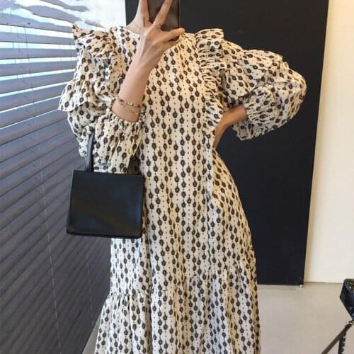One Piece Dress Ruffle Stitching Loose Korea Chic Autumn Round Neck Print Femme Robe Casual Long Maxi Dresses For Women Vestidos