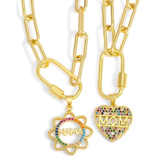 FLOLA Gold Curb Link Chain Heart Mom MaMa Necklace For Women Sunflower Necklace CZ Wholesale Jewelry Mothers Day Gifts nkeu75