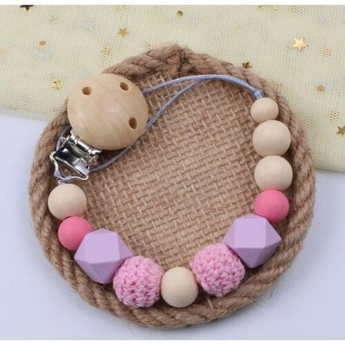 Wooden Baby Pacifier Clip Chains Crochet Beads Silicone Beads Pacifier Holder Toy Leash Strap Baby Shower Gift