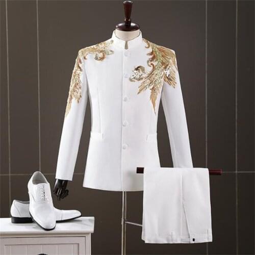 Mens sequin Chinese tunic suits chorus costumes stand collar blazers stage singer host clothes americana hombre платье пиджак