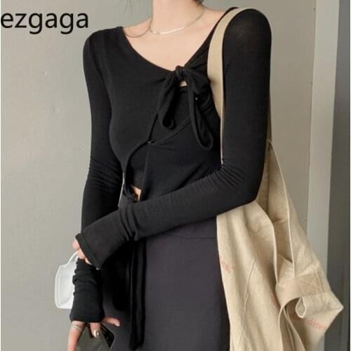 Ezgaga Sexy Women Two Piece Set Long Sleeve Lace-up Long Sleeve T Shirts Crop Tops Solid Camis 2021 Autumn Thin 2 Piece Outfits