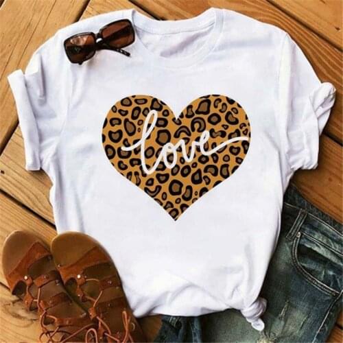 FIXSYS Leopard Love Heart T-shirt Women T Shirt Summer Casual Short Sleeve Harajuku Tops New Graphic Woman Tees White Tops