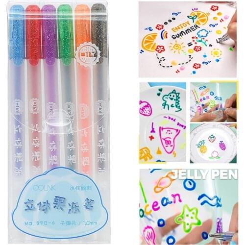 6Pcs 3D Glossy Jelly Ink Pen Waterproof Fade-Proof Jelly Ink Pen for DIY Album Card Scrapbooks Writing Drawing