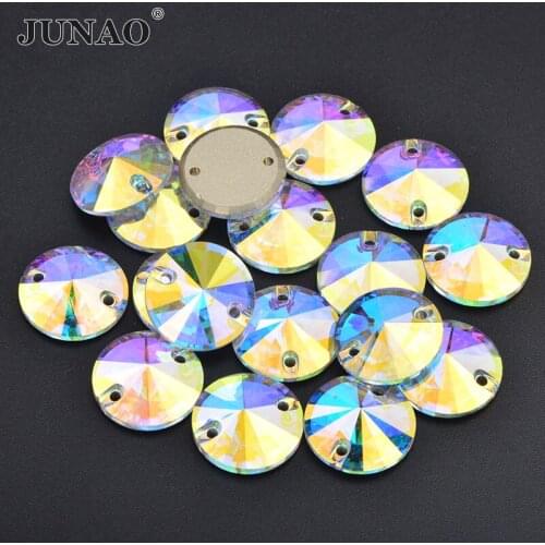 JUNAO 8 10 12 14 16 18mm Round K9 Glass Rhinestone Beads Rivoli Sew on Crystal Buttons Flatback Sewing AB Stones for Needlework