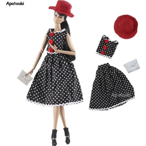 Black Dot Polka Clothes Set for Barbie Doll Outfits Fashion Dress Top Skirt Hat Purse Handbag 1/6 Dolls Accessories Kids Toys