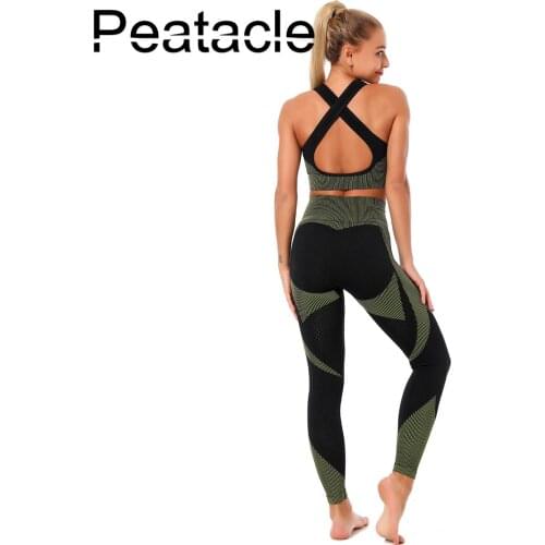 Peatacle 2 Piece Set Womens Outfits Yoga Gym Fitness Clothes Workout Athletic Wear Sports Bra Seamless Leggings Quick Dry