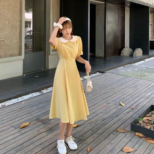 Cute Lace-up Bow Doll Collar Dress Women Puff Sleeve High Waist A-line Summer Dress Female Casual Korean Vestidos