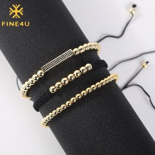 FINE4U B347 Fashion 6mm Beads Rope Braided Bracelet Micro Pave Adjustable Bracelet For Women Jewelry(3pcs)