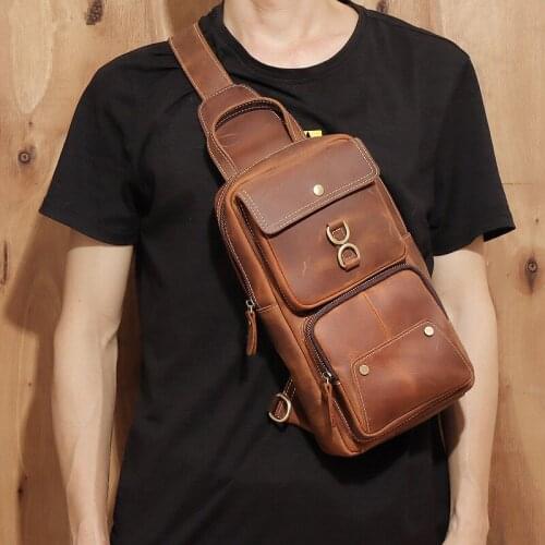 New retro leather Men Chest bag cowhide crazy horse leather bag fashion personality shoulder bag casual mens messenger bags