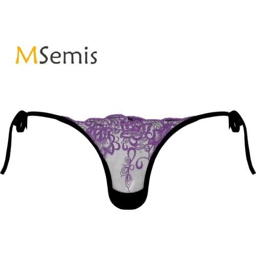 Mens Erotic Lingerie Sissy Underwear See-through Mesh Thongs T-back Sexy Panties Low Waist Lace-up G-string Briefs Underpants