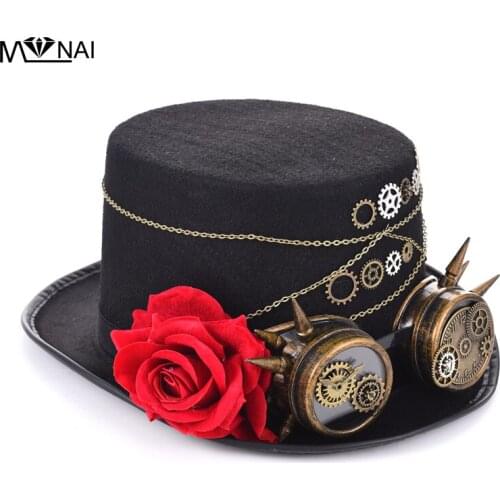 New Costume Anime Hats Steampunk Victorian Rose Top Hat With Goggles Vintage Retro Handmade Headdress Gothic