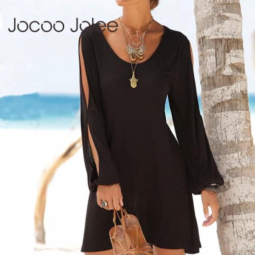 Jocoo Jolee Casual Hollow Out Lantern Sleeve O Neck Loose Dress Casual Solid Straight Dress Elegant Beach Party Mini Dress 2020