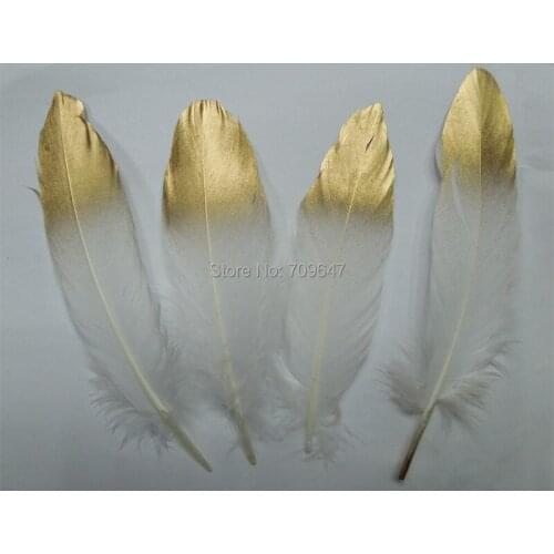 Plume!Gold Dipped White feathers, GOOSE feathers with Gold Tips loose painted for millinery, crafts, wedding/13-20cm long,50pcs