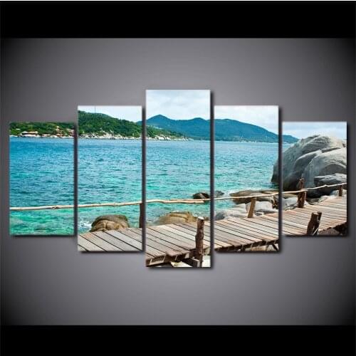 Framework Home Decor Room Poster Canvas Art HD Printed 5 Panel Beautiful Sea Coast Boardwalk View Abstract Painting