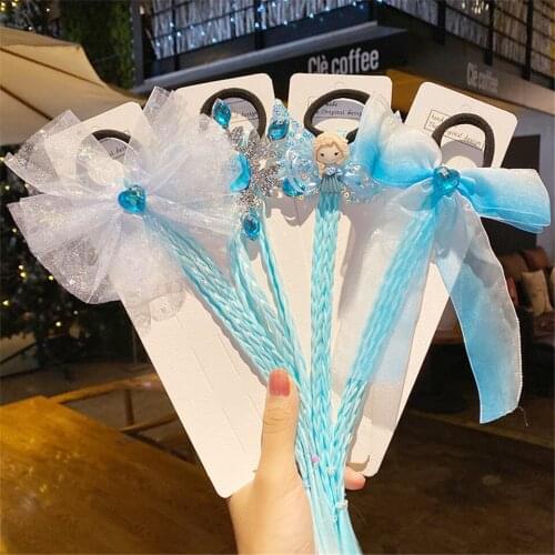 Sequin Crystal Cartoon Hair Scrunchies Ponytail Hair Ropes For Girls Blue Color Princess Twist Elastic Hair Rings Kids Headwear