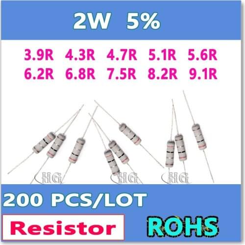 JASNPROSMA 200PCS/LOT 5% 2W 3.9R 4.3R 4.7R 5.1R 5.6R 6.2R 6.8R 7.5R 8.2R 9.1R carbon film DIP OHM Resistor
