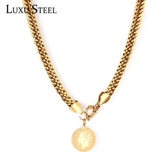 LUXUSTEEL Gold Face Tag Pendants Layer Necklaces Women Vintage Stainless Steel Long Chain Necklace Wedding Party Gift Christmas