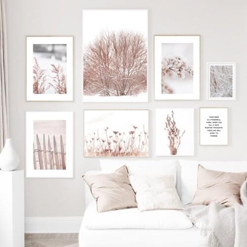 Pink Grass Plants Tree Dry Flowers Snow Wall Art Canvas Painting Nordic Posters And Prints Wall Pictures For Living Room Decor