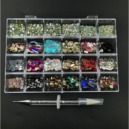 2500Pcs/Box Mixed AB Glass Crystal Rhinestone In Grids 20Pcs/Shapes Flat Back Mix Size SS3-SS16 Nail Art Crystal With 1 Pick Pen