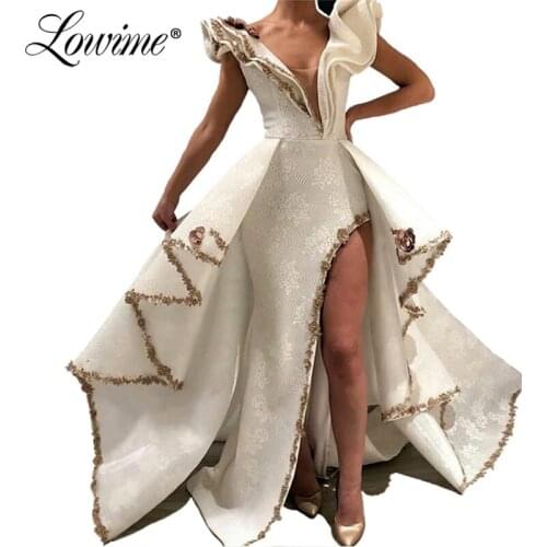 Ivory High Split Muslim Evening Dresses 2019 Mermaid Lace Illusion Islamic Dubai Saudi Arabic Long Evening Gowns Prom Dresses