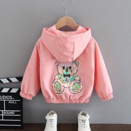 Girls Windbreaker Jacket 2021 New Spring And Autumn Big Childrens Casual Cute Short Jacket Kids Sequins Bear Tops