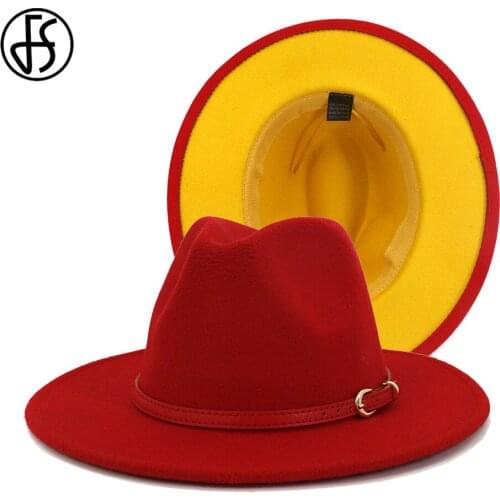 FS 2020 Fashion Red Yellow Patchwork Fedora Jazz Hat with Belt Buckle Women Men Wide Brim Wool Felt Party Panama Trilby Cap
