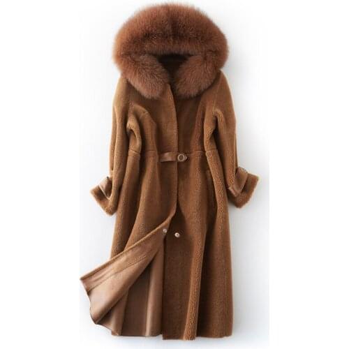 2020 Genuine Real Wool Sheep Shearing Jacket Womens Winter Fur Coat Natual Fox Fur Hooded Long Outerwear Coats BF231098