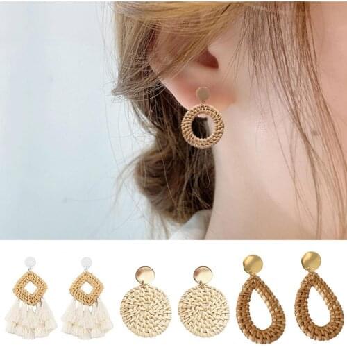 New Popular 4 Pairs Women Rattan Earrings Geometric Handmade Braided Women Bohemian Tassel Earrings серьги 2021