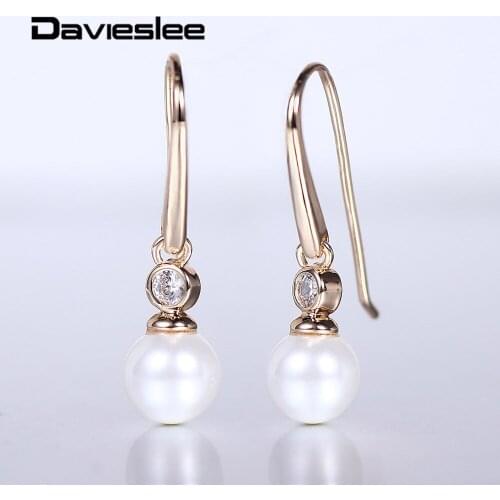 585 Rose Gold Earrings for Women Simulated Pearl Clear Cubic Zircon Drop Huggie Earrings Wedding Party Jewelry Gifts LGE280