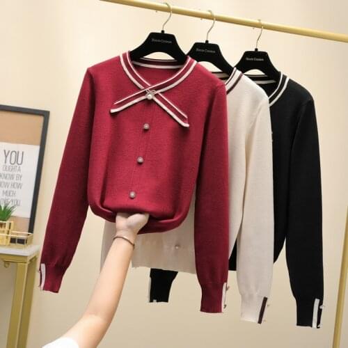 2021 Women Jumpers O neck bow Casual Knitwear Pullovers Casual Striped Patchwork Pull button Oversized Sweater 4XL