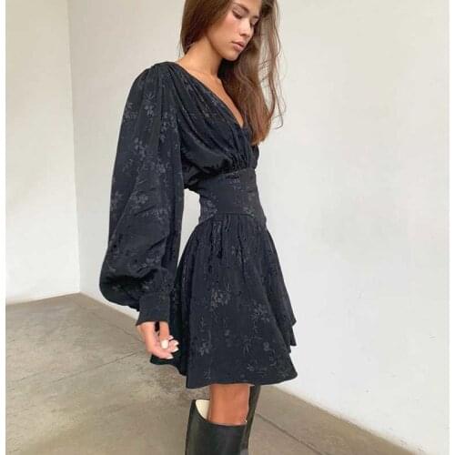 2021 Spring Autumn Black Chiffon Printing Elegant Loose Mini Dress New Women Lantern Full Sleeve Pleated Slim Dresses X033