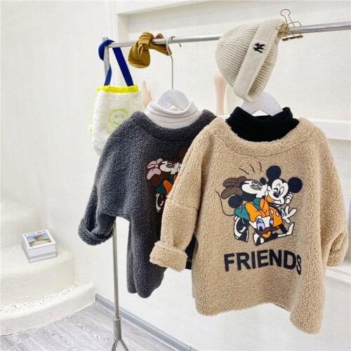 Winter Girl Sweater Lamb Wool Mid-Length Children Thick Coat Korean Style Tops Mickey Minnie Dress New Year Birthday Gift