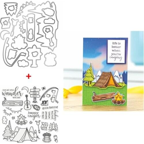 16*16 cm Clear Stamps and Metal Cutting Dies Tent Bonfire Backpack Hiking Shoes Indicator Wood Star Moon Camping Scene DIY 2020
