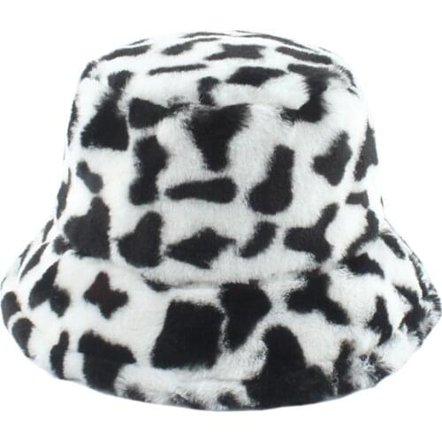 2020 New Whiter Black Cow Print Bucket Hats For Women Men Winter Plush Faux Fur Soft Warm Cap Foldable Fisherman Hat