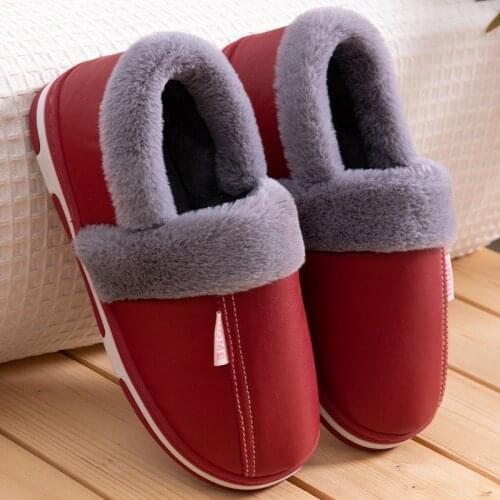 2021 Waterproof PU Leather Cover Heel Slippers Women Winter Warm Plush Home Shoes Unisex Soft Slides Non-slip Outdoor Slippers
