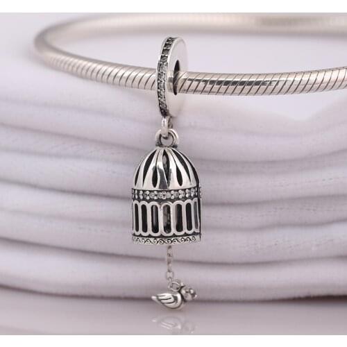 Authentic S925 Silver Pendant Bead fit Lady Bracelets Free as a Bird Cage Dangle Charm DIY Jewelry
