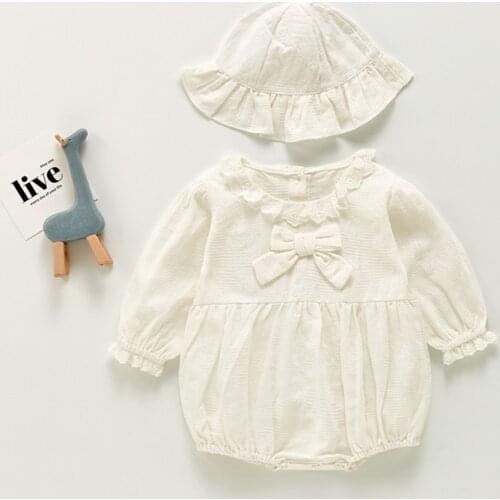 Baby Bodysuit Autumn 2021 Sweet Kids Clothes Princess Baptism Bow Jumpsuit with Hat White 0-2Y