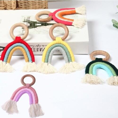 Baby Teething Wooden Ring Rainbow Tassel Macrame Cotton Boho Newborn Nursing Teether Toy Shower Gift