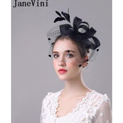 JaneVini Elegant Black Wedding Hats and Fascinators for Woman Party Bridal Net Hat with Veil Feather Brides Wedding Accessories