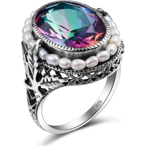 Real Silver 925 Ring 925 Sterling Silver Jewelry Vintage Leaves Natural Pearl Mystic Rainbow Rings Creative Jewelry For Women