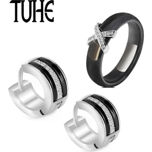 Fashion Women Jewelry Set Crystal X 6MM Ceramic Ring And U Shaped Round Earrings For Lady Girl Black White Color Wedding Jewelry