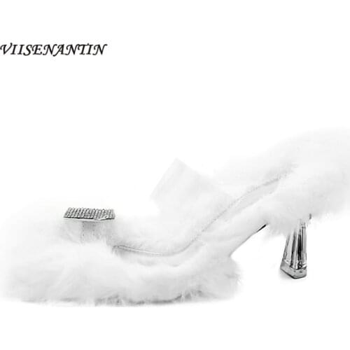 Summer New Style Round Head Stiletto High-heeled Rhinestone Sandals and Slippers Women Transparent Flip-flops Womens Outer Wear