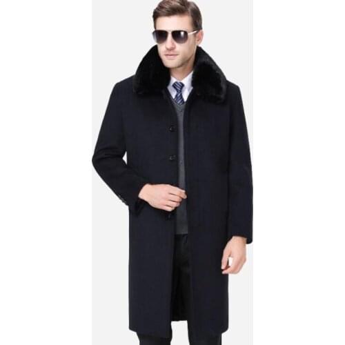 Black brown long wool coat men coat fur collar autumn winter warm overcoat men trench coat youth plus thick velvet clothes