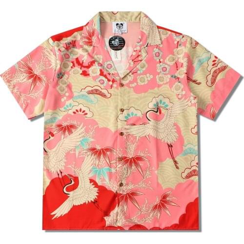 New Summer Casual Shirt Mens For Clothes Hawaii Auspicious Clouds Crane Print Beach Cardigan Short-sleeved Oversize Men Shirt