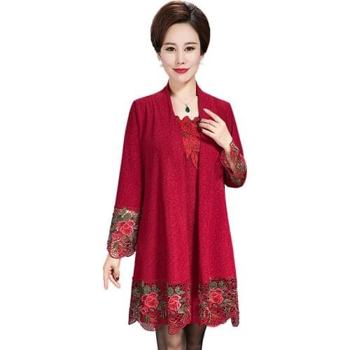 New Spring and Autumn Womens Embroidery Dress Coat Womens Ethnic Embroidery Large size two-piece long-sleeved skirt jacket