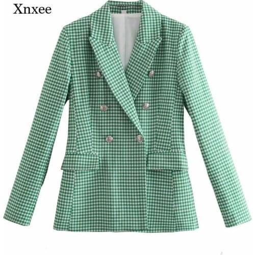 Autumn and Winter Womens Retro Green Pink Houndstooth Print Blazer, Ladies Double-Breasted Jacket, Chic Slim Jacket