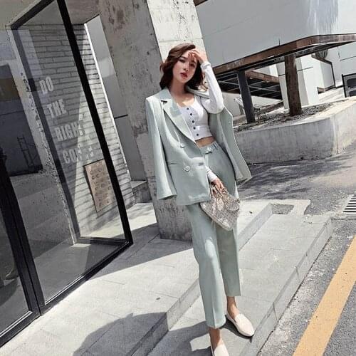 Autumn and Winter Vintage Light Green Women Double Breasted Female Suits Blazer Jacket & Pencil Pant Casual 2 Pieces