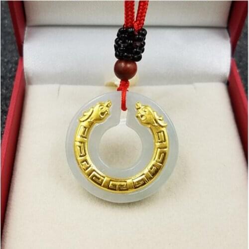 With Certified Pure 24k Yellow Gold Bless Dragon with Natural Jade Nephrite Circle Pendant 28x28mm