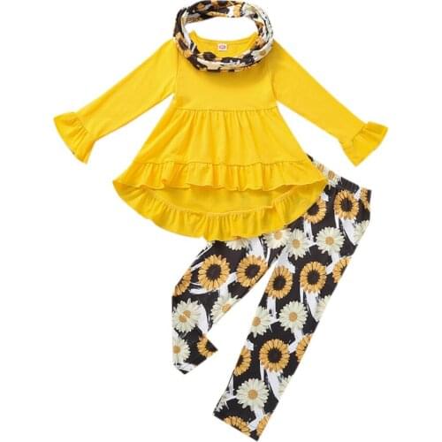 Girls Casual Three-piece Clothes Set, Flared Sleeves and Floral Printed Pattern Pants and Neckerchief 18M-6T