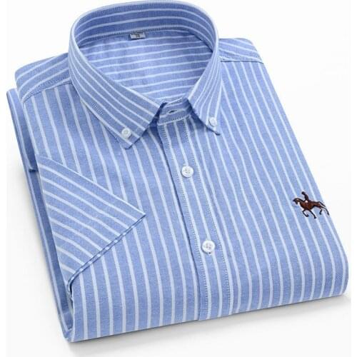 Mens Shirts Short Sleeve Oxford 100% Cotton No Pocket Horse Embroidery Casual Shirt for Mens Button Up Shirt Short Sleeve 6XL